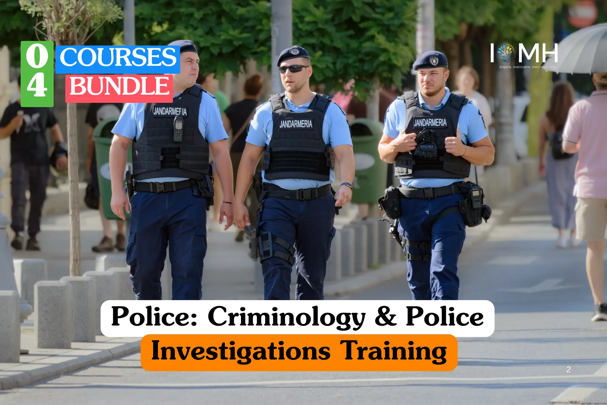 Theoretical criminal justice and law enforcement training banner featuring three male police officers in blue uniforms and black tactical vests walking along a sunny city street lined with trees and pedestrians.
