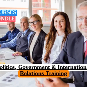 Theoretical political science and international relations training banner featuring a diverse panel of professionals in formal business attire seated at a conference table, representing the study of governance, policy-making, and global diplomacy.c