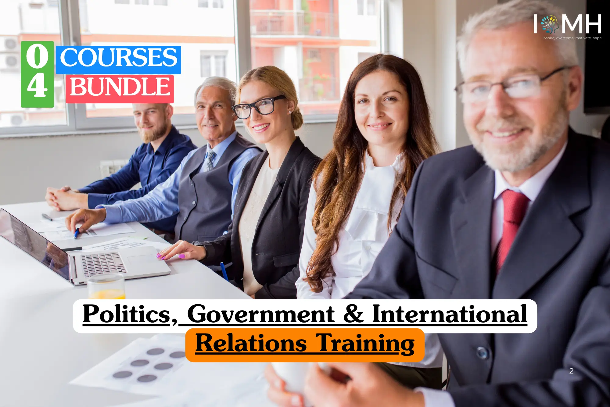 Theoretical political science and international relations training banner featuring a diverse panel of professionals in formal business attire seated at a conference table, representing the study of governance, policy-making, and global diplomacy.c