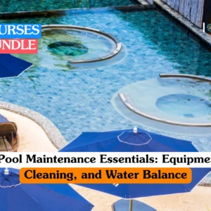 Pool maintenance training banner featuring an overhead view of a luxury outdoor swimming pool with clear blue water, circular seating areas, and blue umbrellas on the surrounding patio.