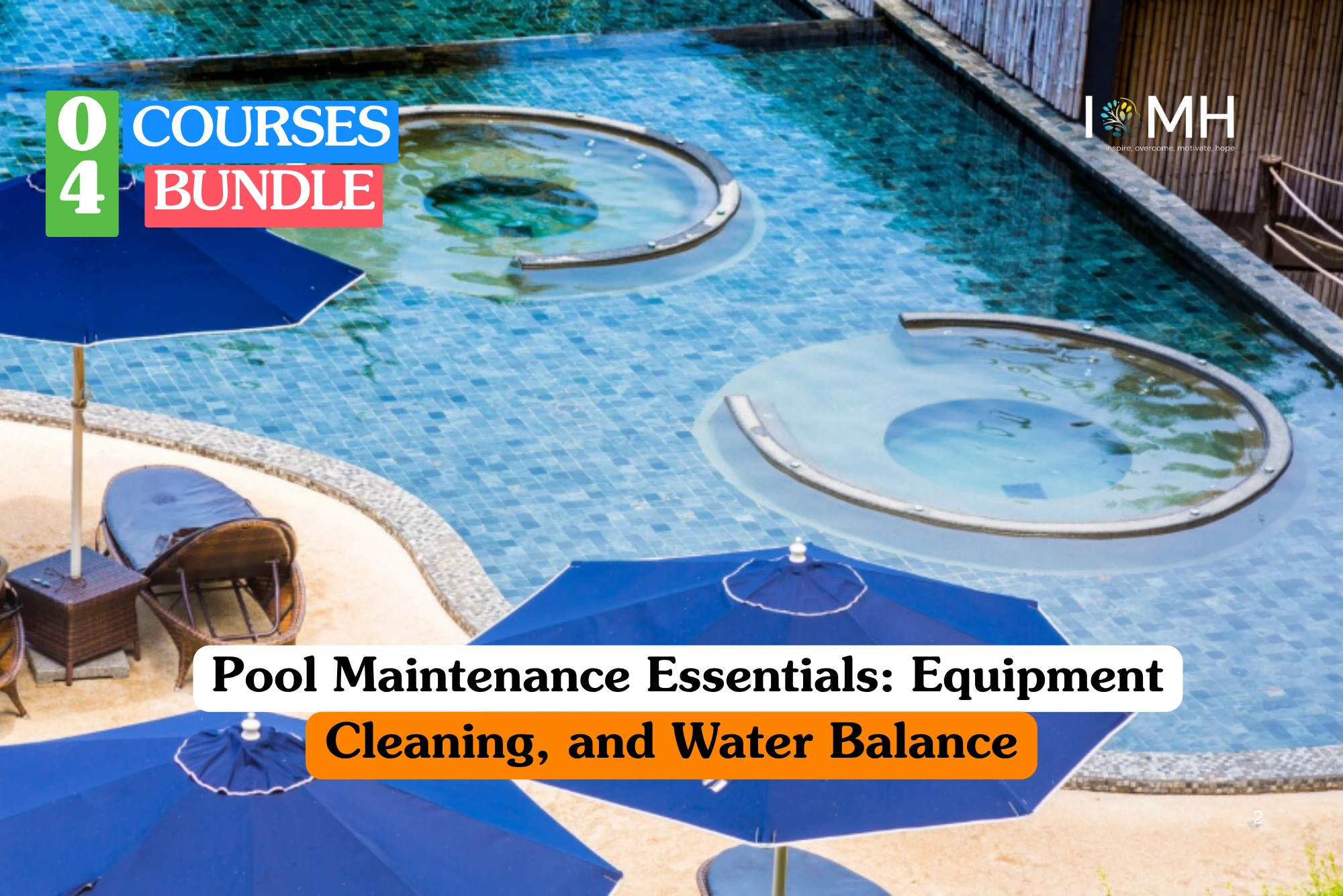 Pool maintenance training banner featuring an overhead view of a luxury outdoor swimming pool with clear blue water, circular seating areas, and blue umbrellas on the surrounding patio.