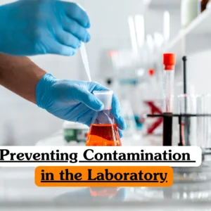 Science and safety training banner showing a close-up of a laboratory technician wearing blue nitrile gloves, carefully using a pipette to transfer clear liquid into a glass flask containing orange chemical solution.