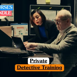Theoretical private investigation and legal services training banner featuring a female investigator in a black blazer and an older male colleague in a grey checkered suit analyzing data on a laptop in a dimly lit office with evidence files and charts in the background, representing the study of surveillance techniques, information gathering, and forensic analysis.