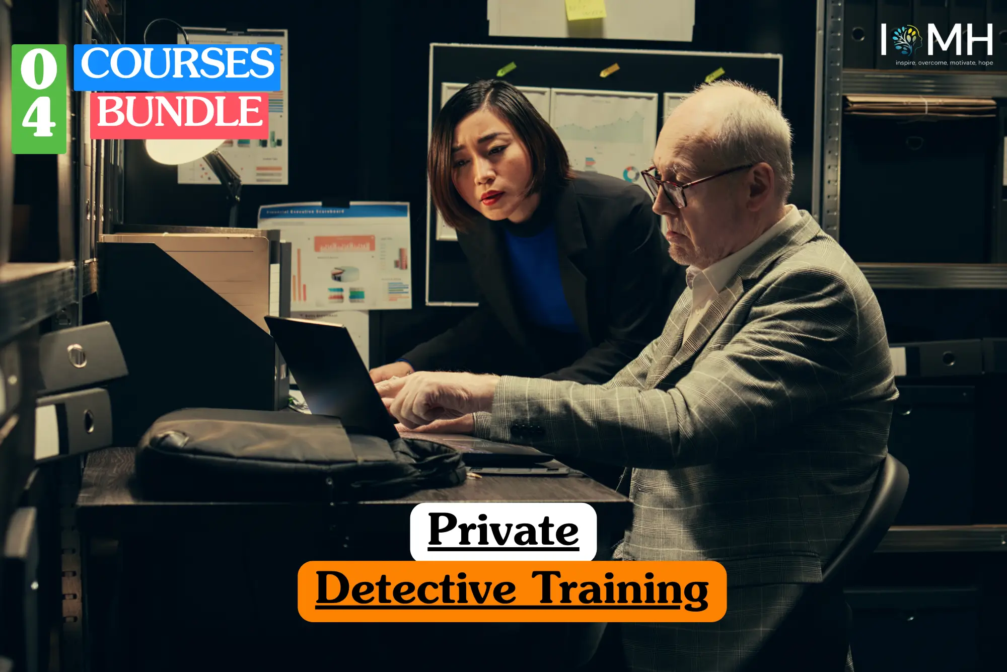 Theoretical private investigation and legal services training banner featuring a female investigator in a black blazer and an older male colleague in a grey checkered suit analyzing data on a laptop in a dimly lit office with evidence files and charts in the background, representing the study of surveillance techniques, information gathering, and forensic analysis.