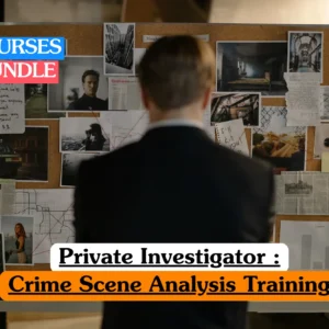 Theoretical forensic science and private investigation training banner featuring the back of a male investigator in a dark suit standing before a large corkboard covered in crime scene photographs, maps, handwritten notes, and red string connecting evidence, representing the study of criminal profiling, evidence preservation, investigative logic, and forensic reconstruction techniques.