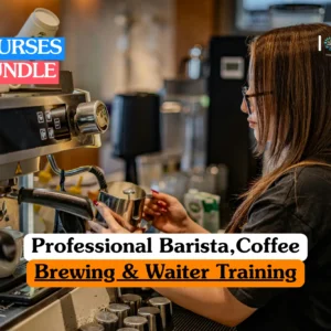 Theoretical hospitality and beverage service training banner featuring a skilled professional in a dark apron precisely pouring steamed milk into a white ceramic cup to create latte art.
