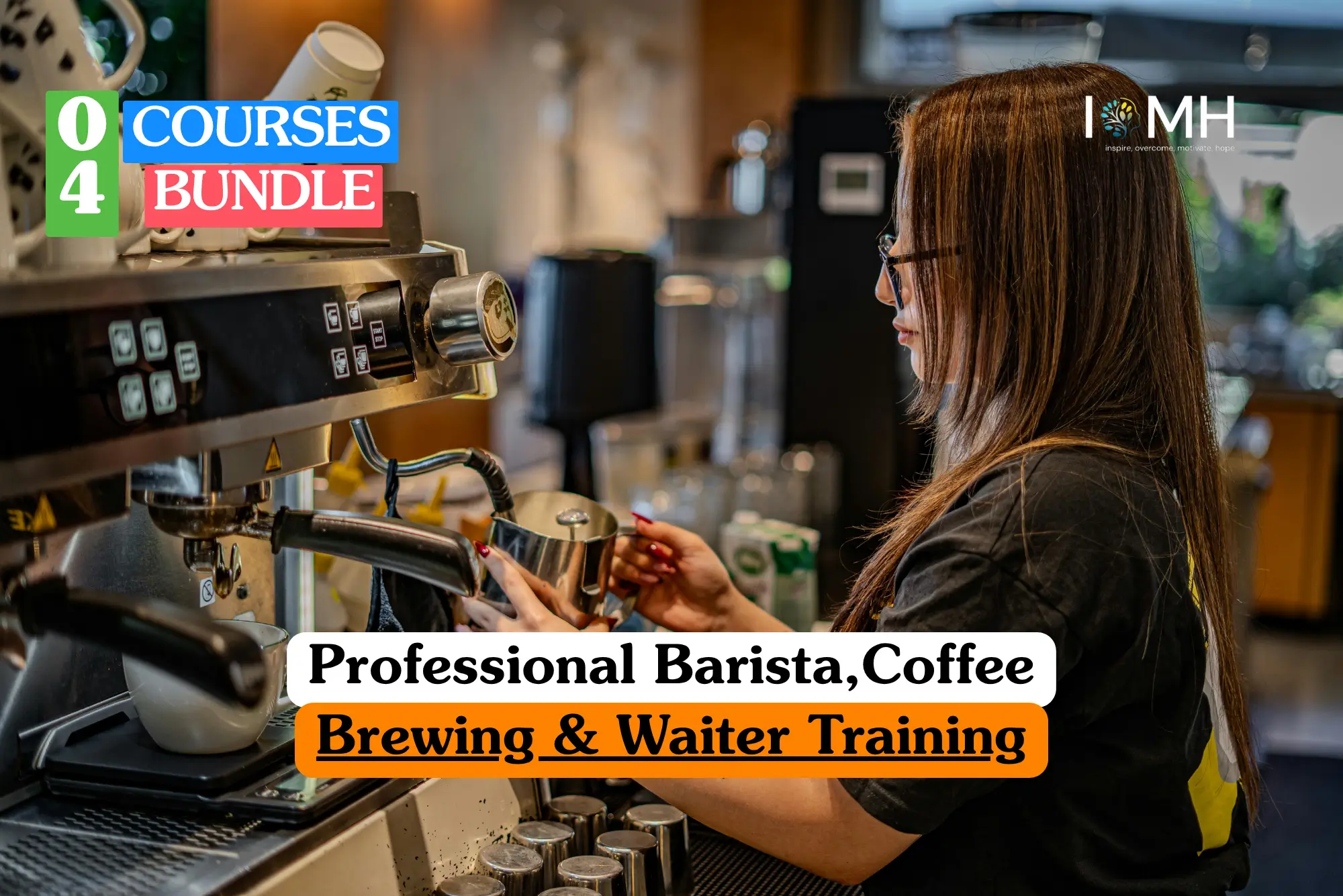 Theoretical hospitality and beverage service training banner featuring a skilled professional in a dark apron precisely pouring steamed milk into a white ceramic cup to create latte art.