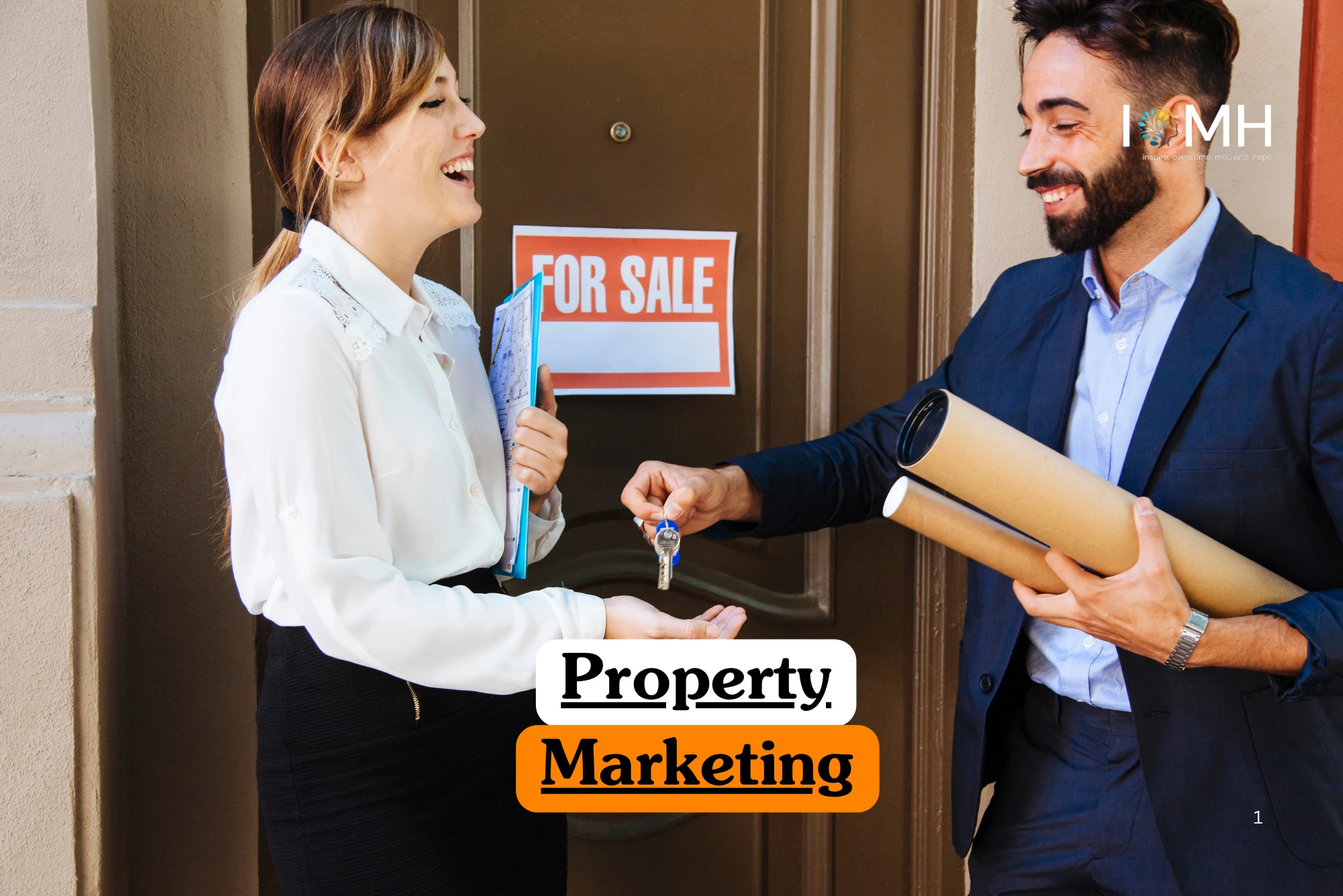 Real estate and professional sales training banner featuring a female agent with a blue folder handing keys to a smiling male client in front of a "For Sale" sign.