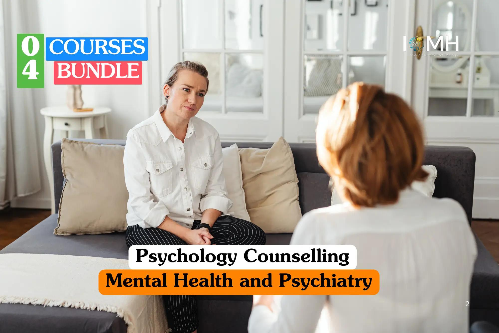 Theoretical behavioural health and clinical psychology training banner featuring a professional female counsellor in a white shirt attentively listening to a patient during a therapeutic session in a bright, modern office.