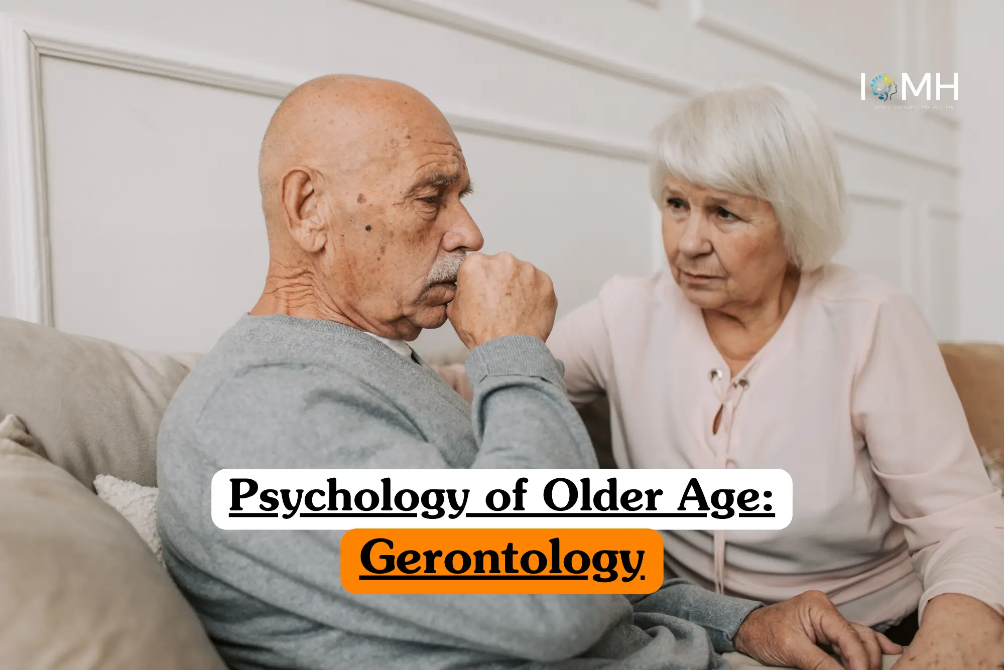 Theoretical gerontology and elderly mental health training banner featuring a supportive interaction between a younger professional and an older adult, symbolizing the study of psychological well-being and cognitive aging.