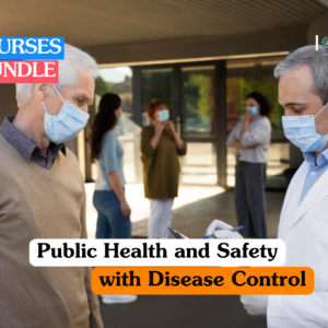 Public health and safety training banner featuring a female healthcare professional in a white coat and stethoscope smiling while holding a digital tablet in a bright clinical setting.