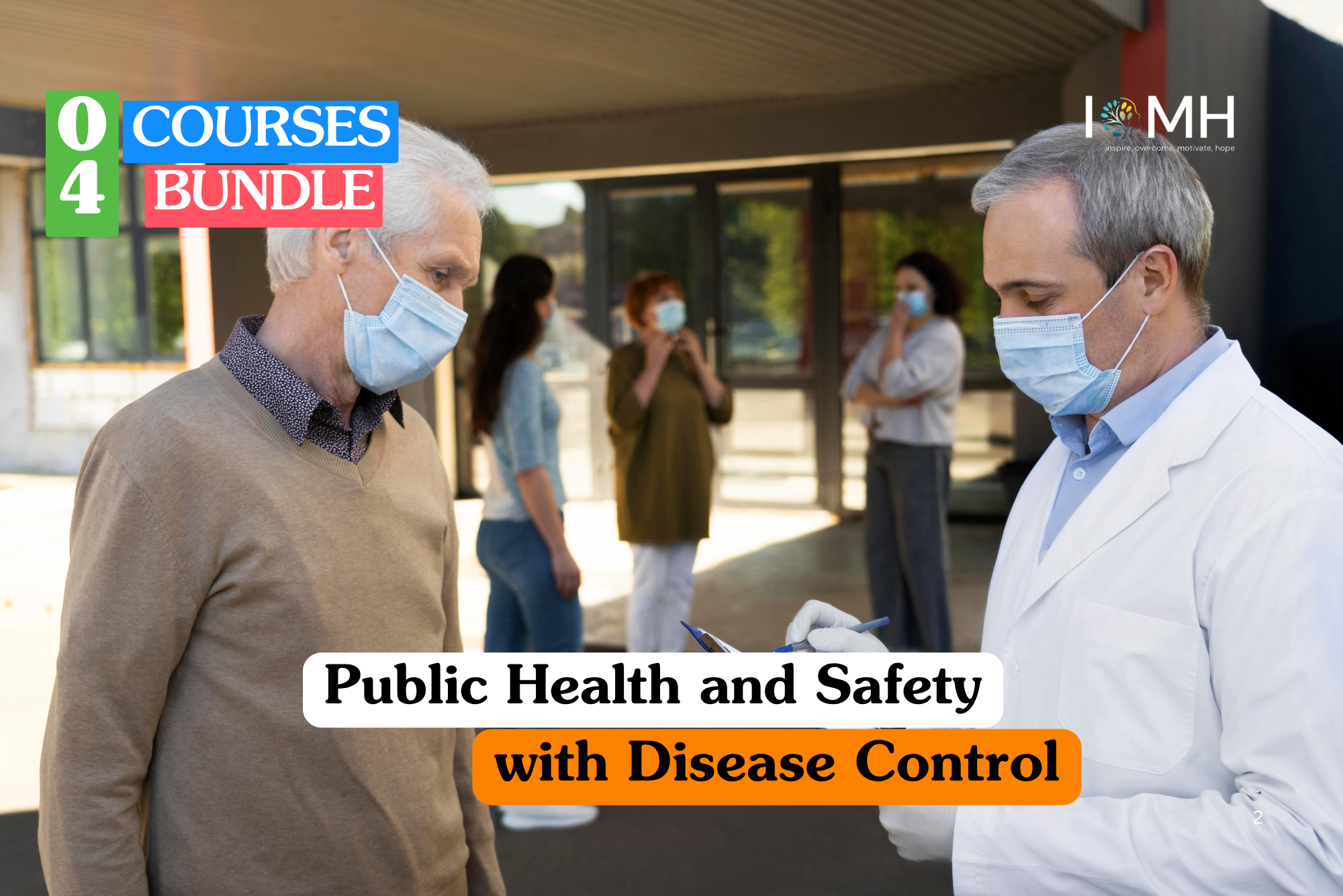 Public health and safety training banner featuring a female healthcare professional in a white coat and stethoscope smiling while holding a digital tablet in a bright clinical setting.