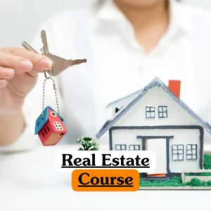 Real Estate Course banner with person holding house keychain in front of miniature house model.