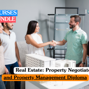 Real estate negotiator training banner featuring two professionals shaking hands over a white architectural model of a building while a diverse group of clients looks on.