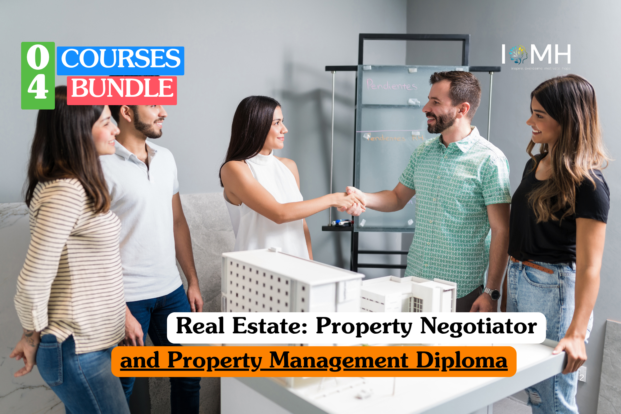 Real estate negotiator training banner featuring two professionals shaking hands over a white architectural model of a building while a diverse group of clients looks on.