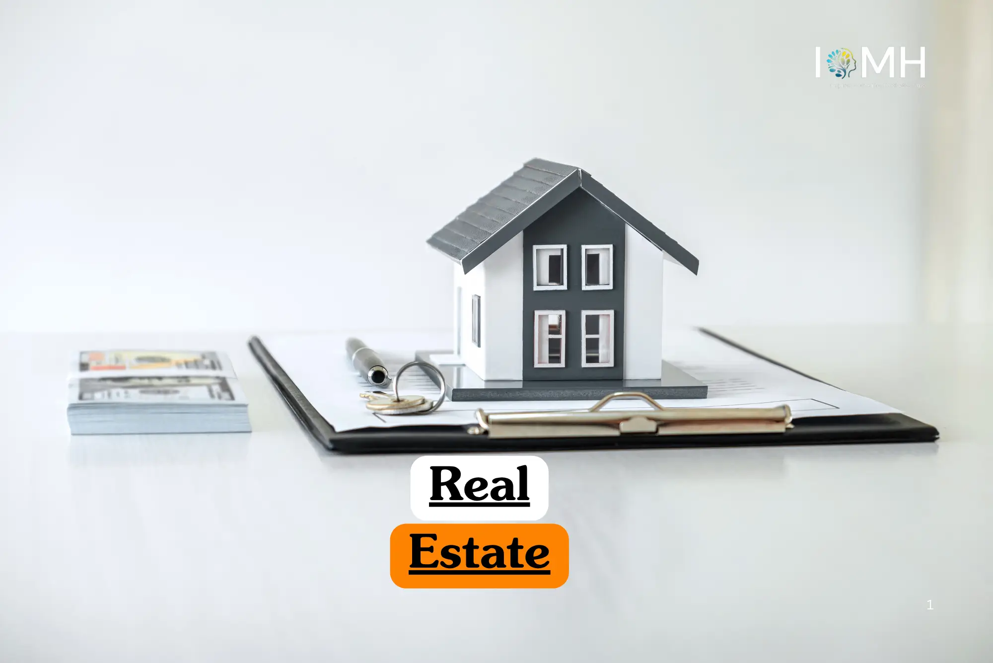 Theoretical property management and housing market training banner featuring a miniature model of a white and grey modern house placed on a black clipboard with legal documents, a pen, and keys.