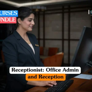 Theoretical office management and corporate administration training banner featuring a professional female receptionist in a black blazer smiling while working at a modern computer terminal in a luxury hotel lobby.