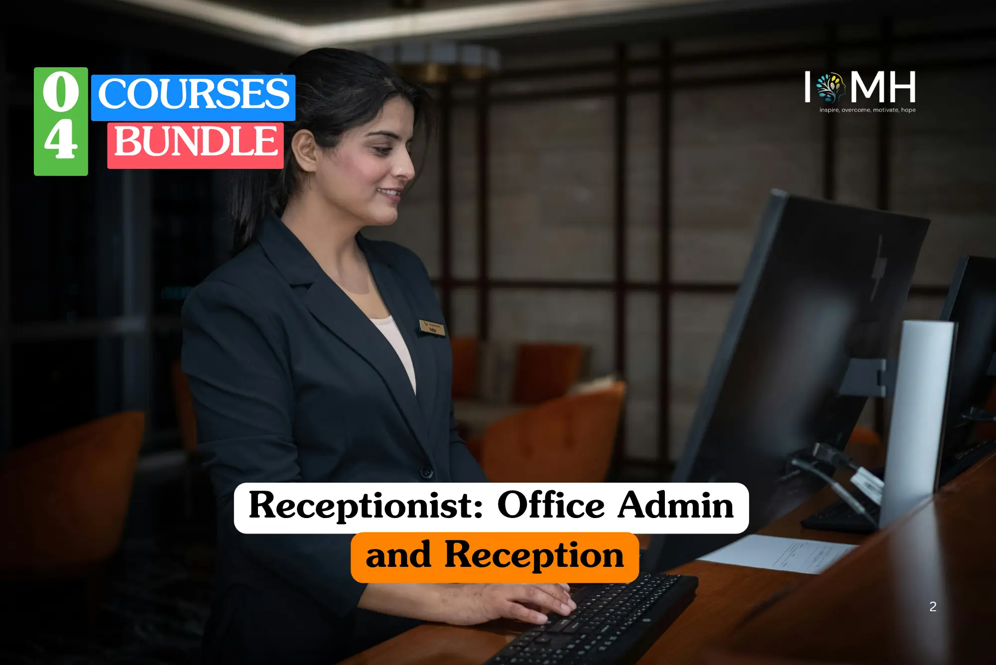 Theoretical office management and corporate administration training banner featuring a professional female receptionist in a black blazer smiling while working at a modern computer terminal in a luxury hotel lobby.