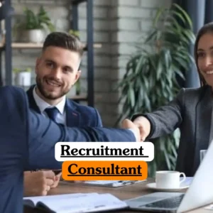 Theoretical human resources and professional staffing training banner featuring a female recruitment consultant in a grey blazer smiling while shaking hands with a client across a desk in a modern office.