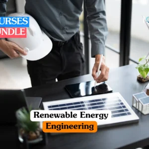 Theoretical sustainable energy and green technology training banner featuring an expansive solar farm with rows of blue photovoltaic panels and several large white wind turbines set against a clear sky and mountain landscape.