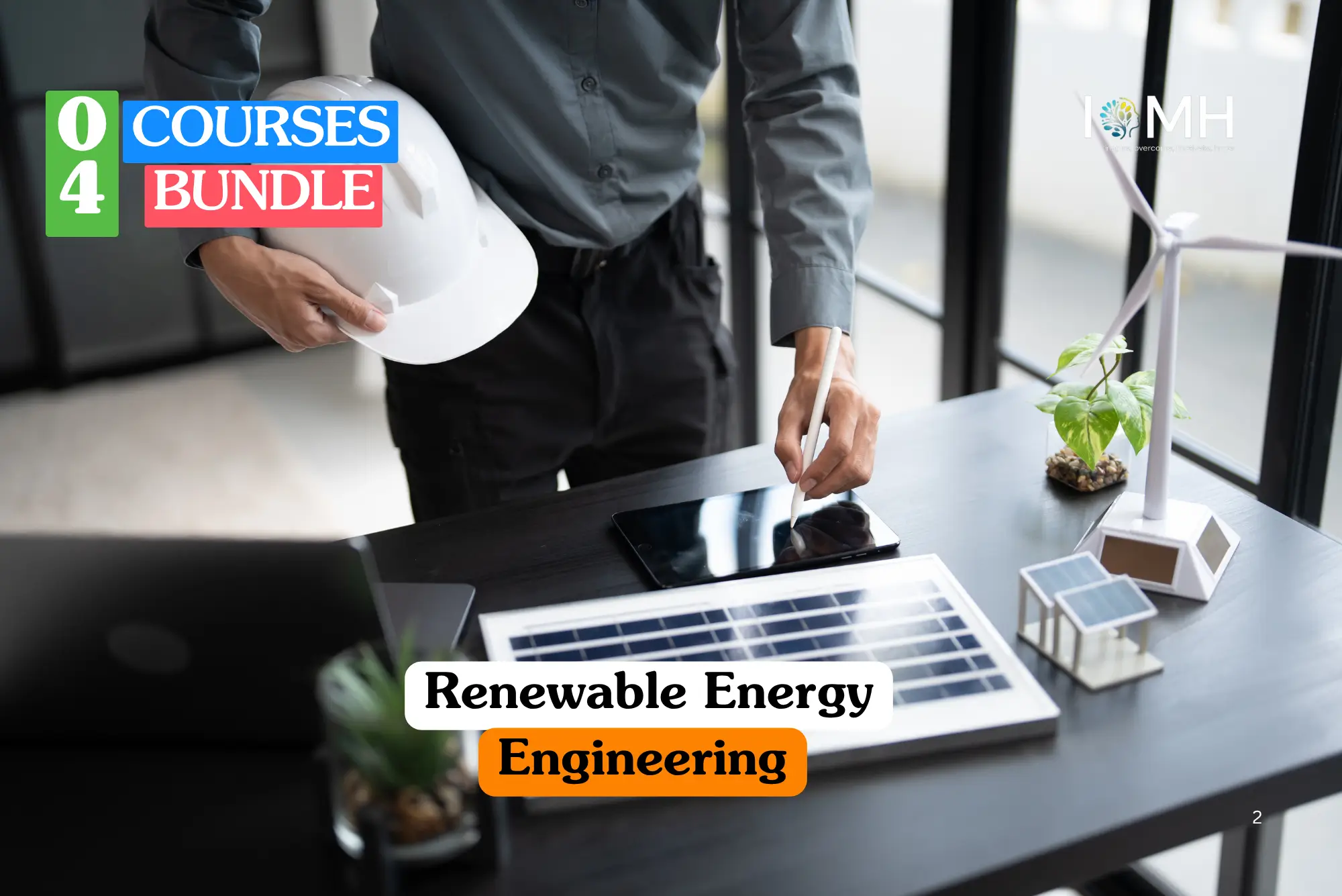 Theoretical sustainable energy and green technology training banner featuring an expansive solar farm with rows of blue photovoltaic panels and several large white wind turbines set against a clear sky and mountain landscape.