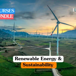 Theoretical environmental science and green technology training banner featuring a wide aerial view of multiple white wind turbines situated across a vast green agricultural landscape during a vibrant sunset.