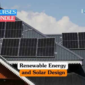 Theoretical environmental engineering and renewable technology training banner featuring a large-scale field of dark blue solar photovoltaic panels installed across a vast, flat landscape under a clear blue sky.