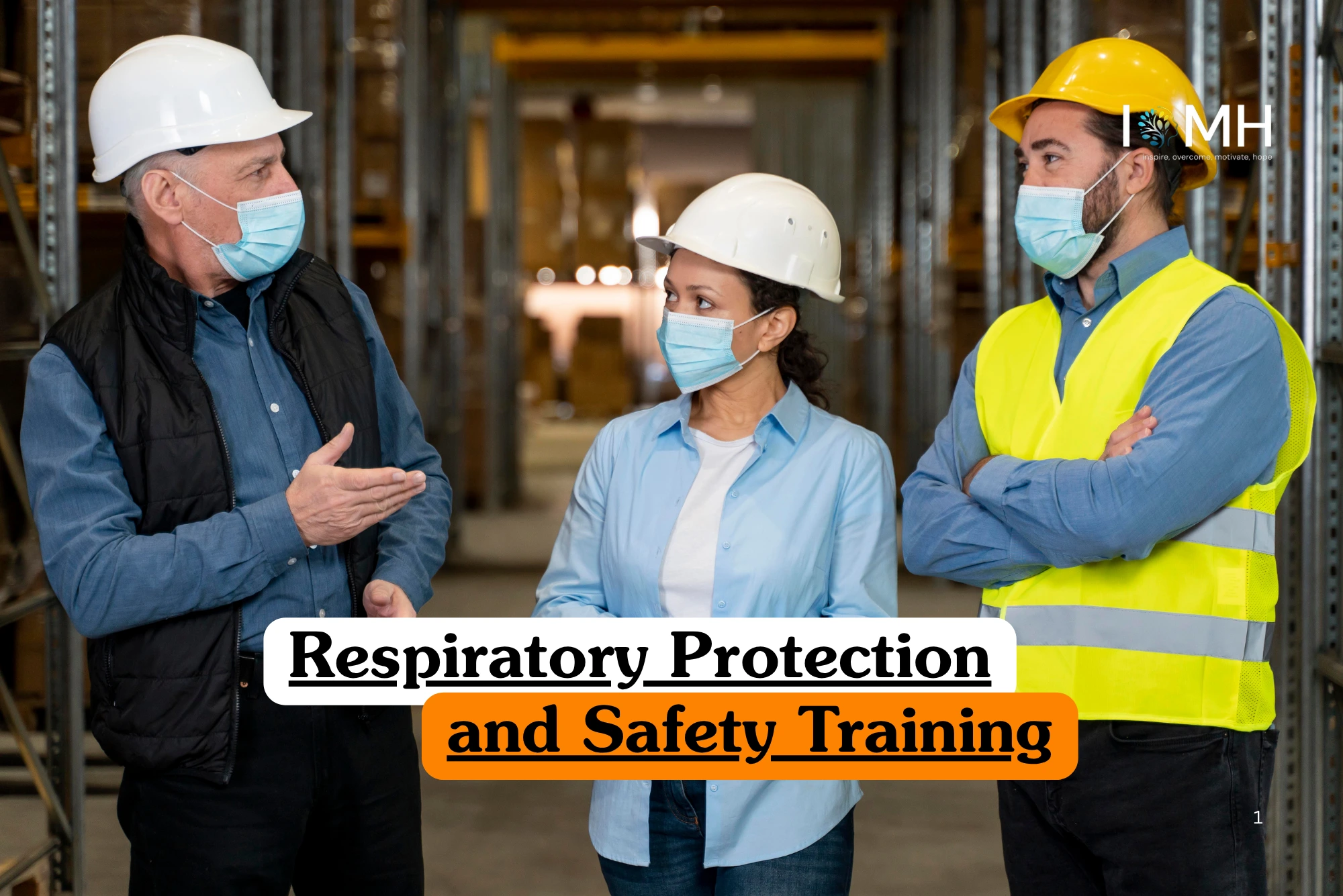 Occupational health and safety training banner featuring a close-up of a worker wearing a professional half-mask respirator and protective safety goggles while working in an industrial environment.
