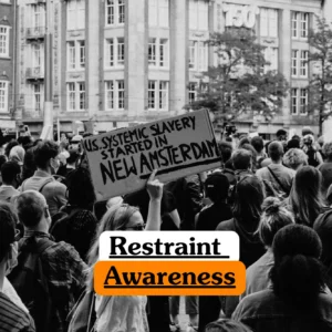 Theoretical health and social care training banner featuring a black and white photograph of a large public demonstration in a city square, with a central figure holding a cardboard sign referencing systemic history and social justice, representing the study of ethical intervention, human rights frameworks, and the psychological impact of physical and restrictive practices.