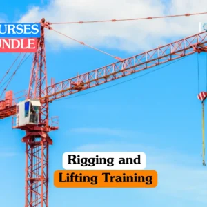 Theoretical industrial safety and heavy machinery operation training banner featuring a large red construction tower crane extending across a clear blue sky with its lifting hook and cable assembly visible.