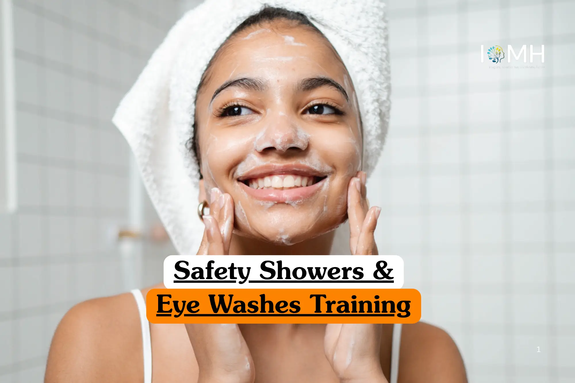 Theoretical industrial safety training banner featuring an orange emergency eye wash station and safety shower unit equipped with a pull handle and push-to-operate plate, located in a professional facility.
