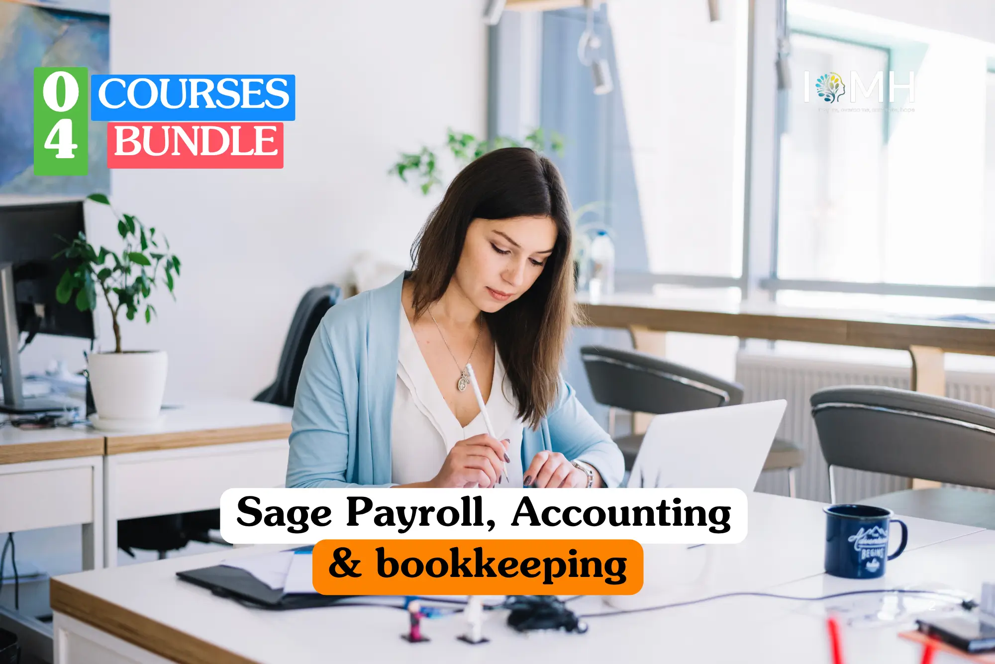 Theoretical financial management and payroll administration training banner featuring a female professional in a light blue cardigan focused on work at a white desk with a laptop in a modern office.