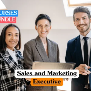 Theoretical business and commercial management training banner featuring a group of three diverse young professionals in corporate attire, including a man in a navy suit and a woman in a grey blazer holding a folder, representing the study of consumer behavior, market research, sales funnel optimization, and strategic brand management.