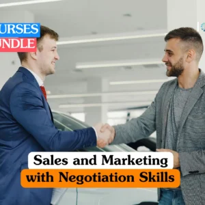 Theoretical business management and professional communication training banner featuring a male sales executive in a blue suit shaking hands with a client in a grey blazer, while a female colleague observes in a professional showroom setting.