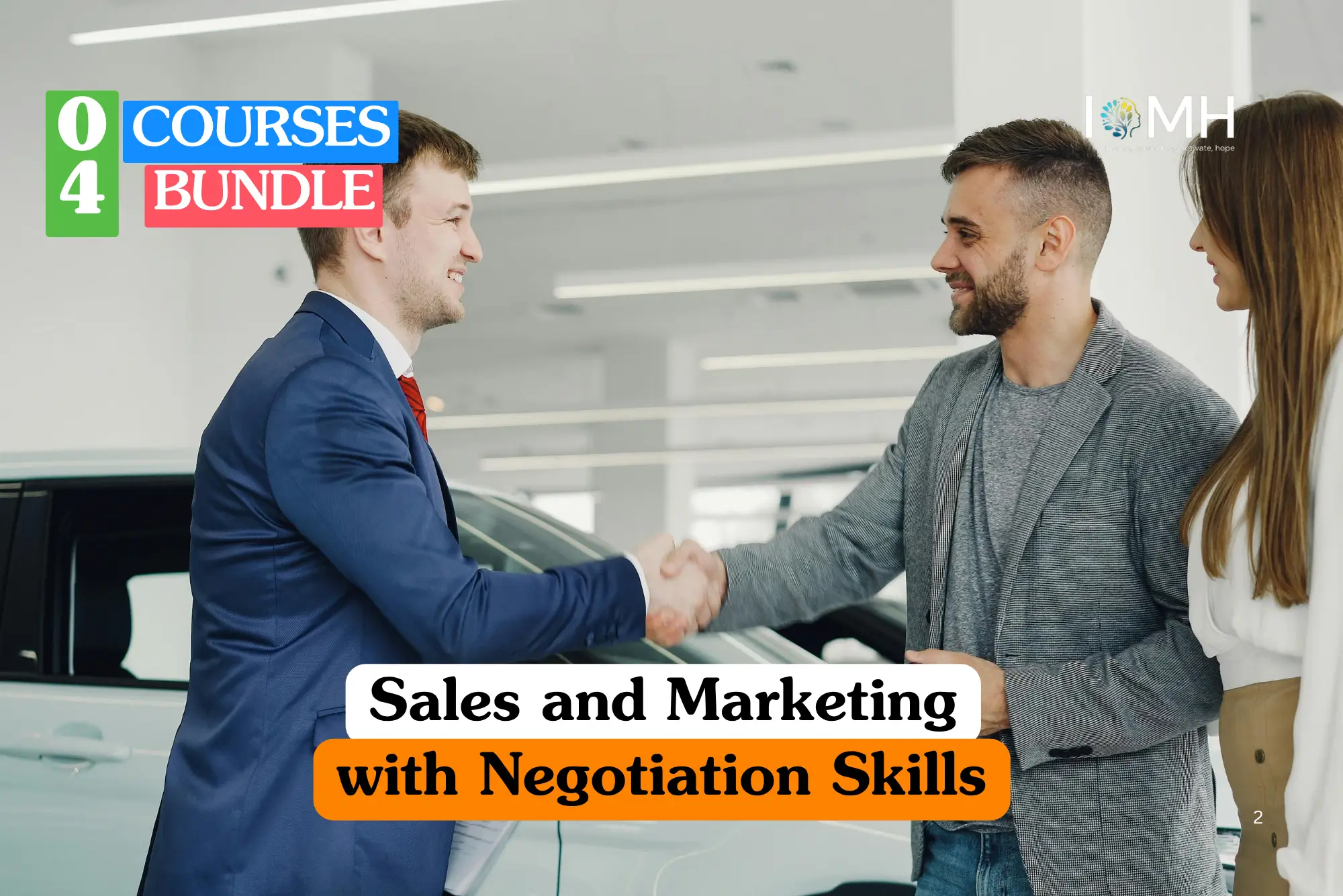 Theoretical business management and professional communication training banner featuring a male sales executive in a blue suit shaking hands with a client in a grey blazer, while a female colleague observes in a professional showroom setting.