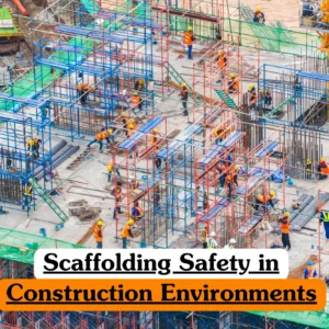 Theoretical civil engineering and occupational health training banner featuring a high-angle view of a busy construction site with a massive network of blue and red modular scaffolding, representing the study of structural stability, fall protection systems, and safe assembly protocols in high-risk work environments.