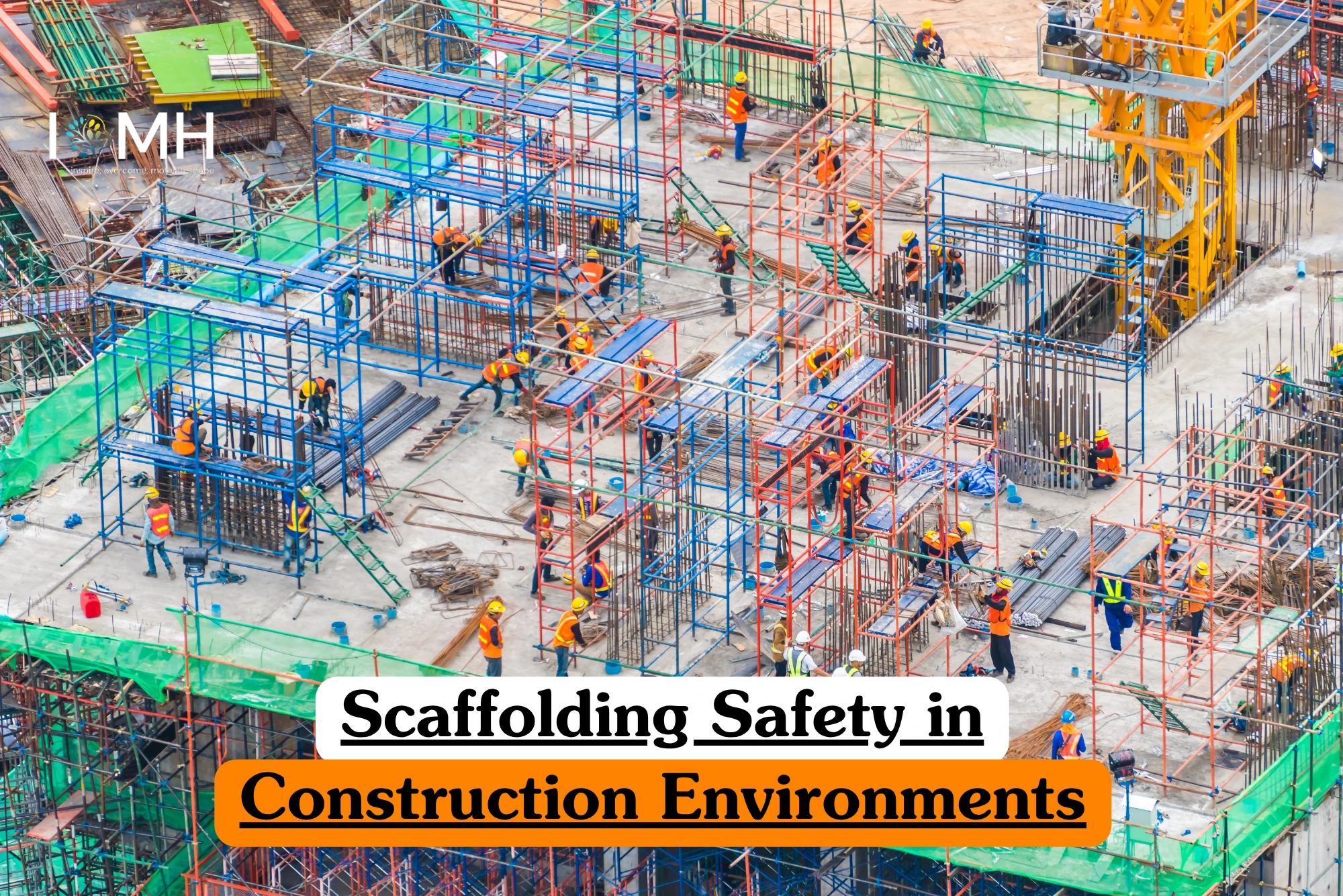 Theoretical civil engineering and occupational health training banner featuring a high-angle view of a busy construction site with a massive network of blue and red modular scaffolding, representing the study of structural stability, fall protection systems, and safe assembly protocols in high-risk work environments.
