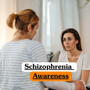 Mental health awareness training banner featuring a female therapist in a striped shirt sitting across from a concerned female client in a brightly lit room.