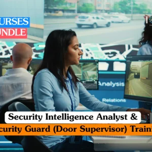 Security and intelligence analysis training banner featuring a female professional in a blue shirt monitoring multiple surveillance screens and data analytics software in a high-tech security operations centre.