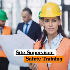 Theoretical construction management and health and safety training banner featuring a female supervisor in an orange high-visibility vest and yellow hard hat standing in front of colleagues reviewing technical blueprints.