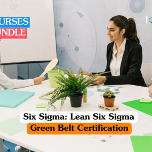 Professional quality management training banner featuring a team of three corporate professionals engaged in a collaborative project meeting around a white desk in a modern office.