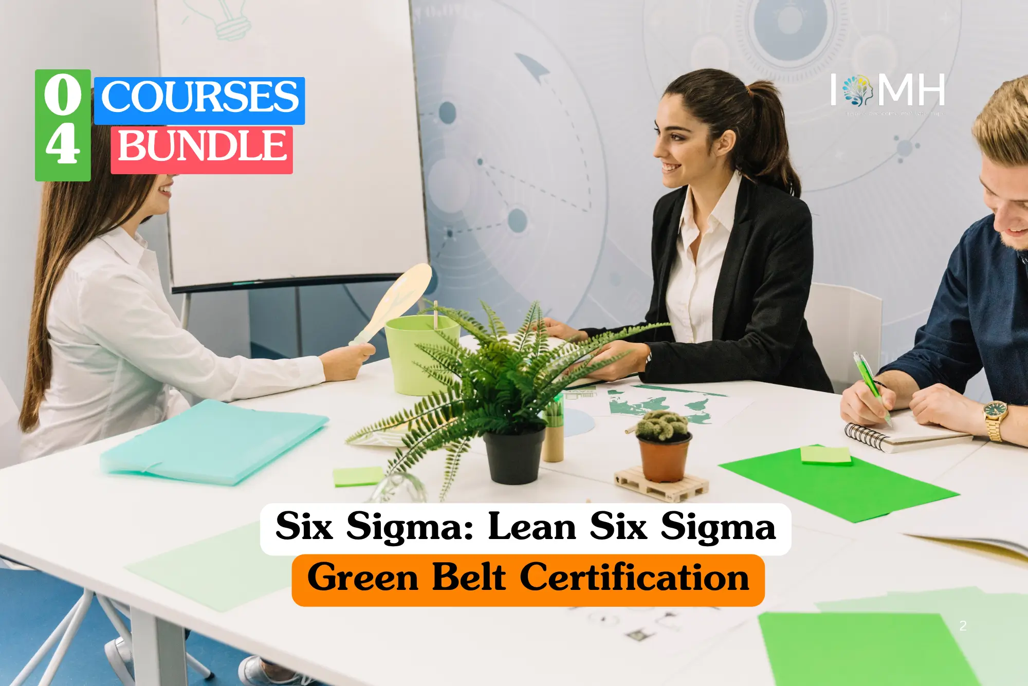 Professional quality management training banner featuring a team of three corporate professionals engaged in a collaborative project meeting around a white desk in a modern office.