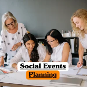 Theoretical hospitality and project management training banner featuring a diverse team of event professionals collaborating around a marble desk, utilizing color swatches and planners to study social event logistics.