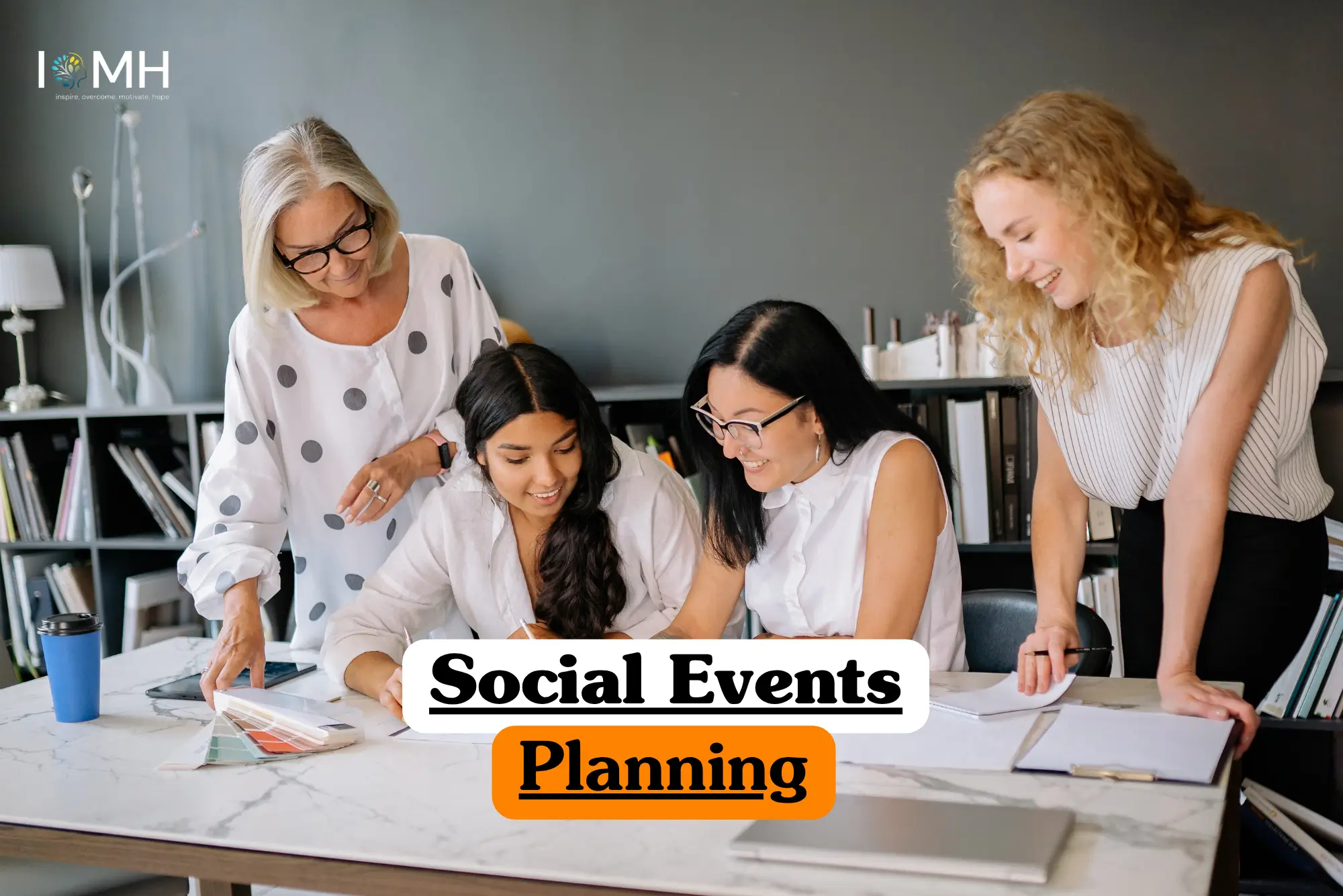 Theoretical hospitality and project management training banner featuring a diverse team of event professionals collaborating around a marble desk, utilizing color swatches and planners to study social event logistics.
