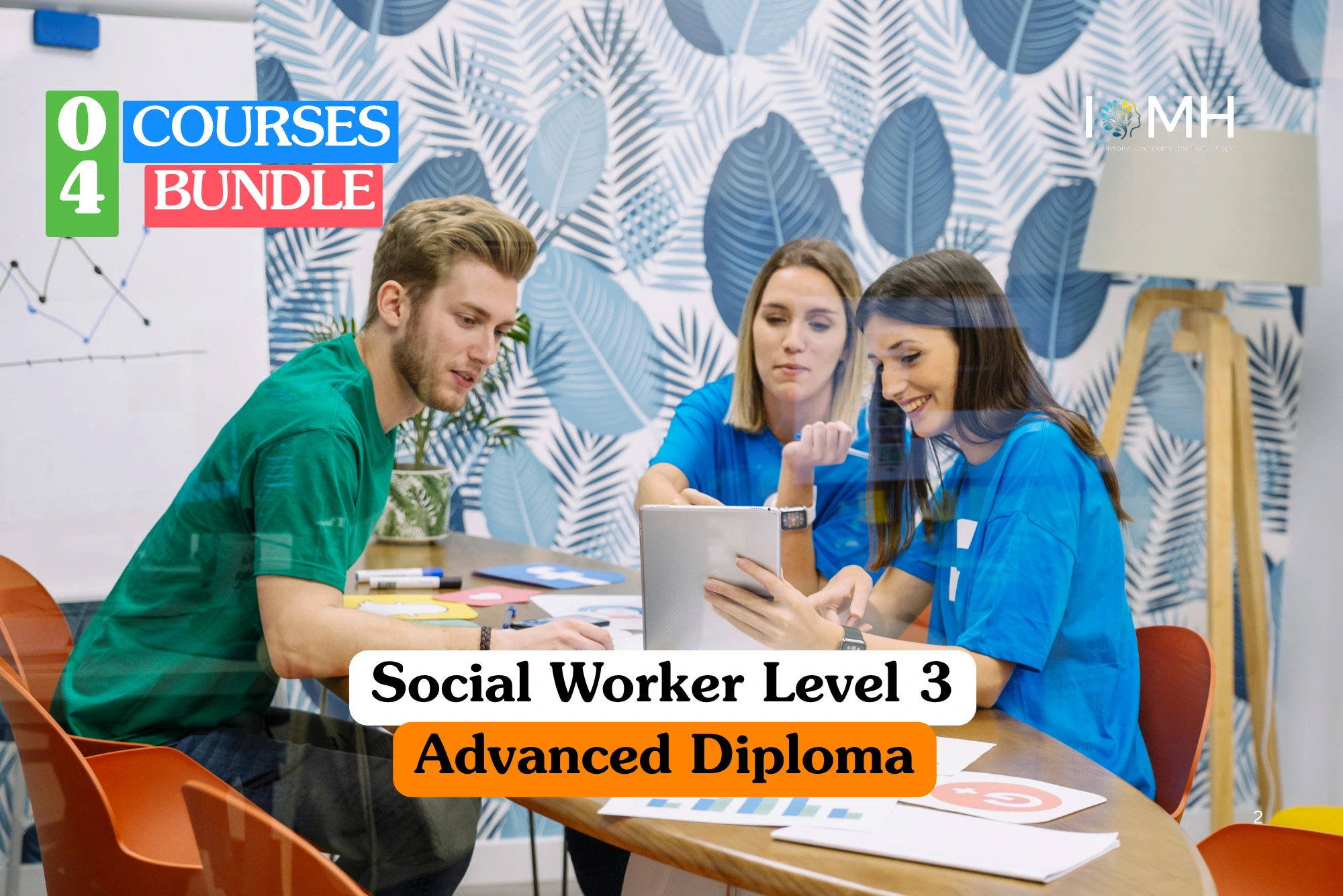 Theoretical social care and community advocacy training banner featuring three young professionals in casual blue and green t-shirts collaborating around a wooden table, with one woman showing content on a digital tablet in a modern office with leaf-patterned wallpaper.