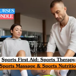 Theoretical sports science and physical therapy training banner featuring a male practitioner demonstrating manual therapy techniques on a female athlete's leg in a gym setting, representing the study of sports massage protocols, injury rehabilitation, and nutritional recovery strategies.
