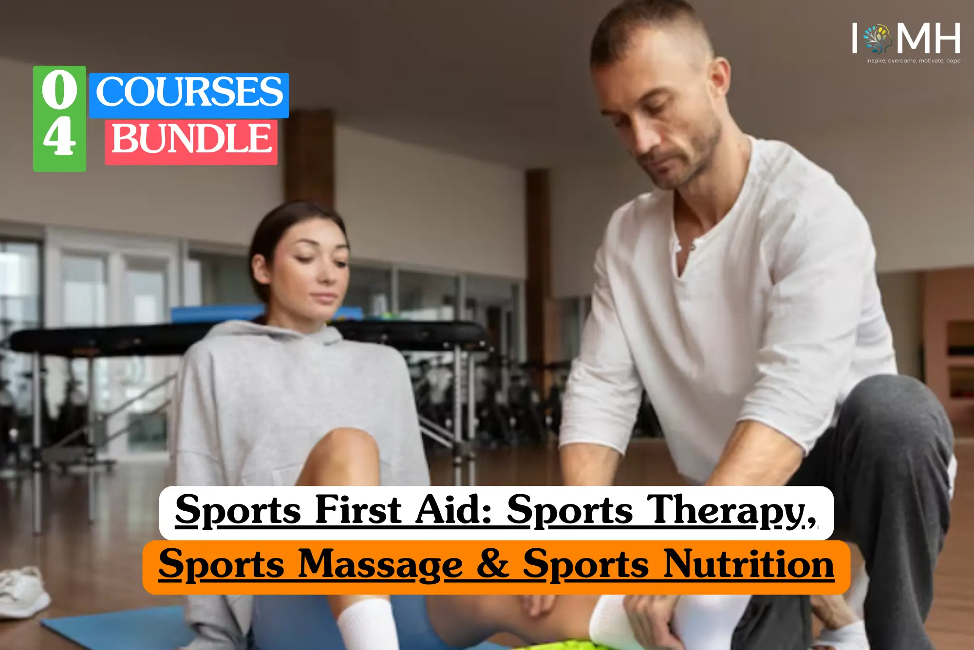 Theoretical sports science and physical therapy training banner featuring a male practitioner demonstrating manual therapy techniques on a female athlete's leg in a gym setting, representing the study of sports massage protocols, injury rehabilitation, and nutritional recovery strategies.