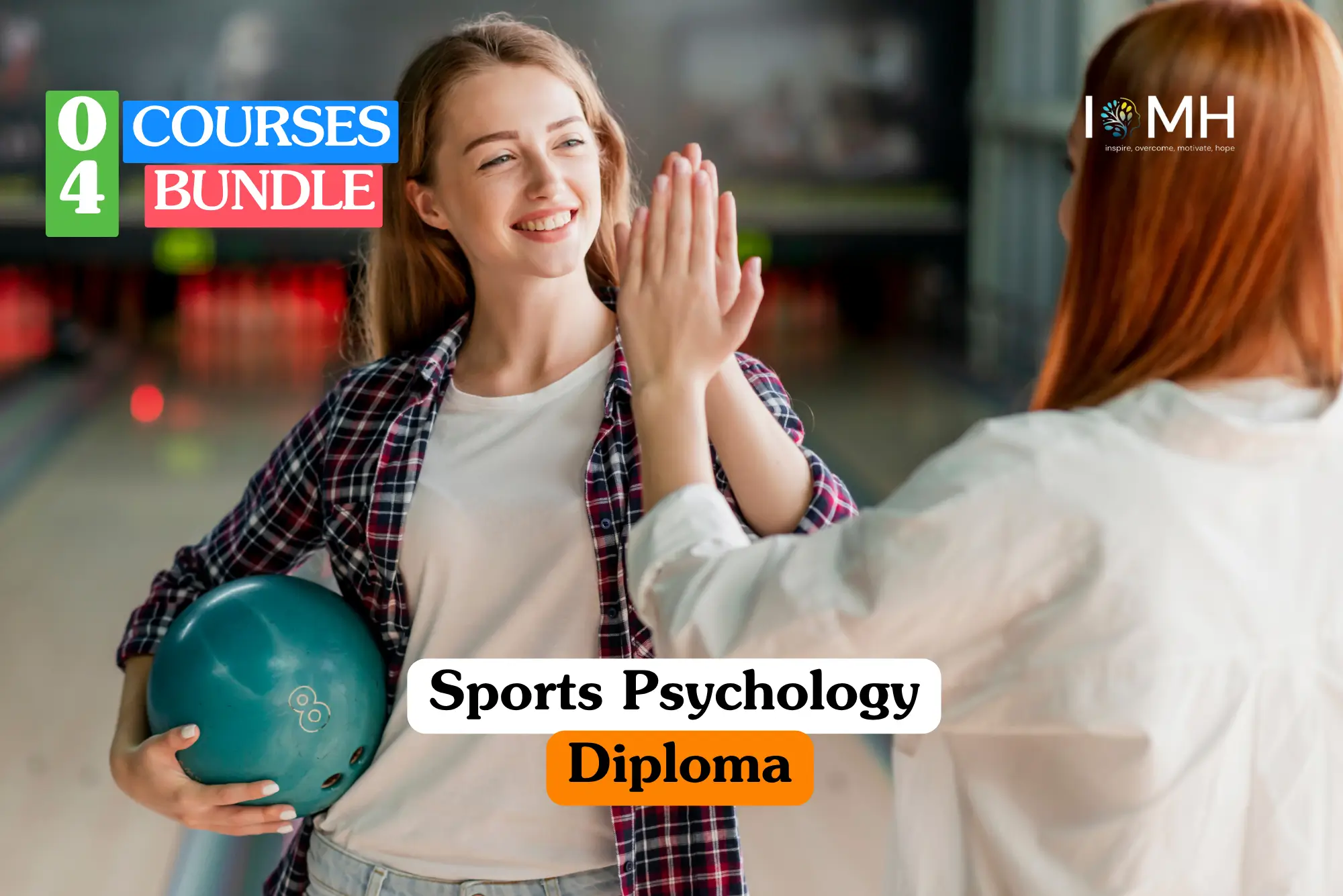 Theoretical sports science and performance mindset training banner featuring a smiling young woman in a plaid shirt holding a teal bowling ball while giving a high-five to a teammate in a bowling alley.