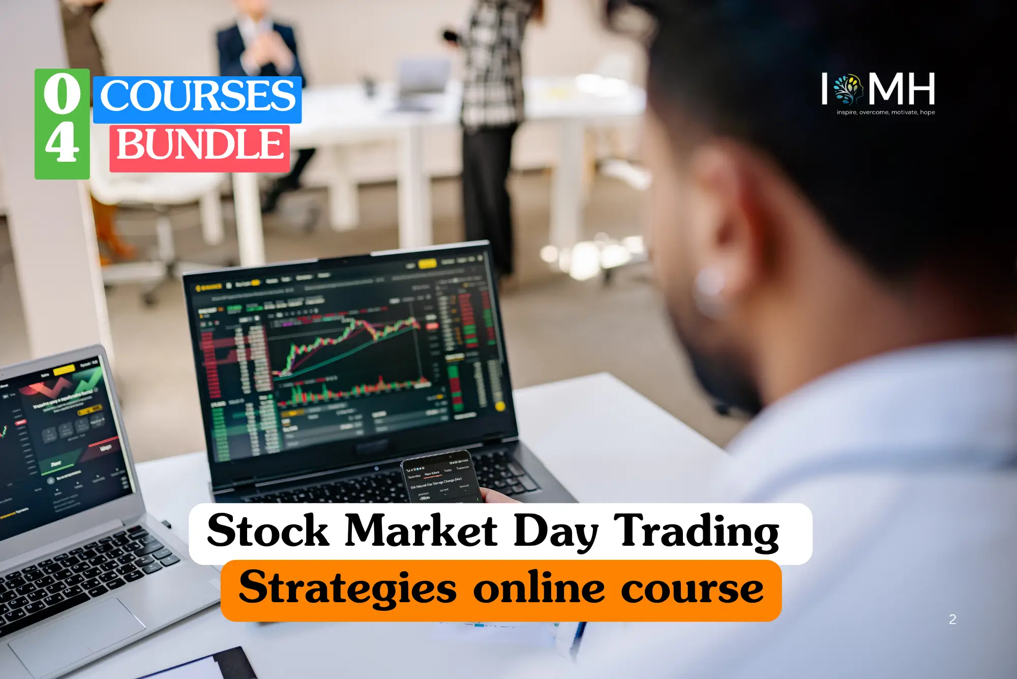 Theoretical financial education and investment strategy training banner featuring a close-up, over-the-shoulder view of a professional trader monitoring complex real-time stock market candlestick charts and technical analysis data on a laptop and smartphone.