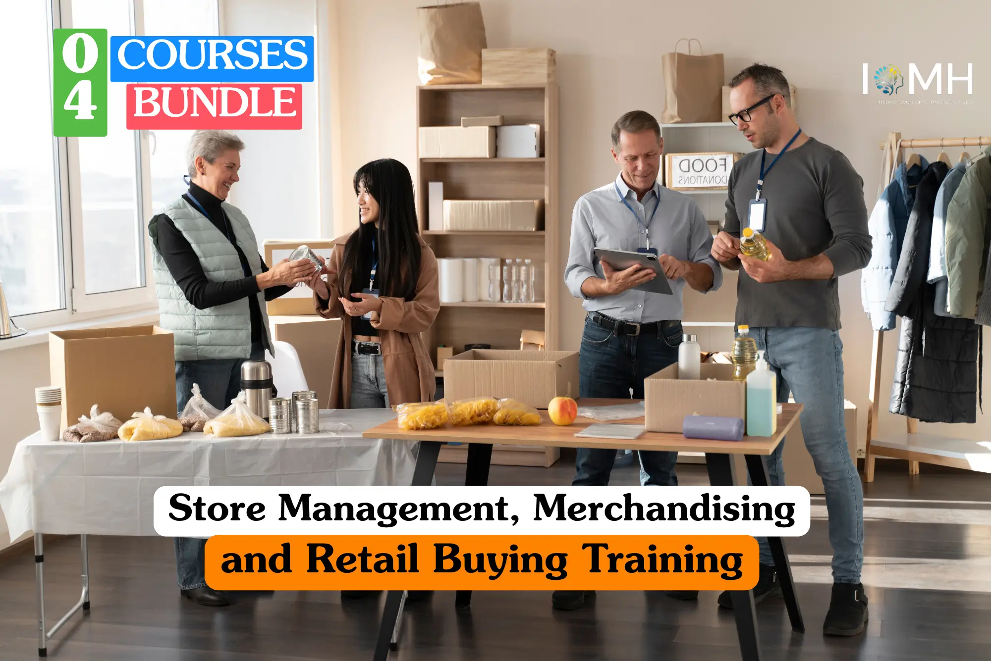 Theoretical retail operations and supply chain management training banner featuring a team of professionals in a warehouse setting organizing food donations and stock, representing the study of inventory control and retail buying strategies.